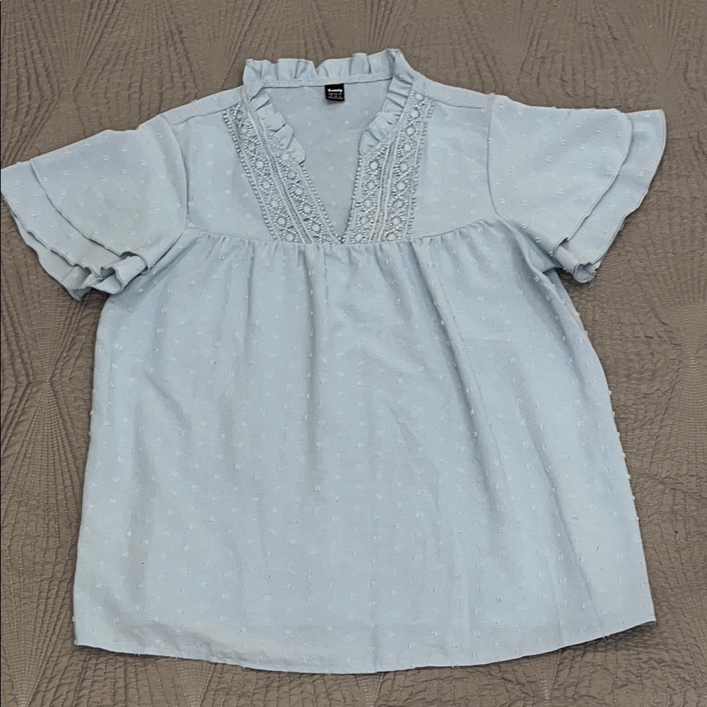 Boho Blouse Light Blue Short Sleeve Vneck with crochet detail